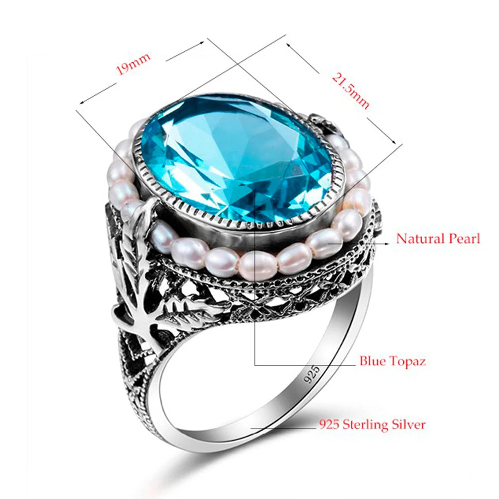 Real Pearl 925 Silver Rings Topaz Aquamarine Big Gemstone