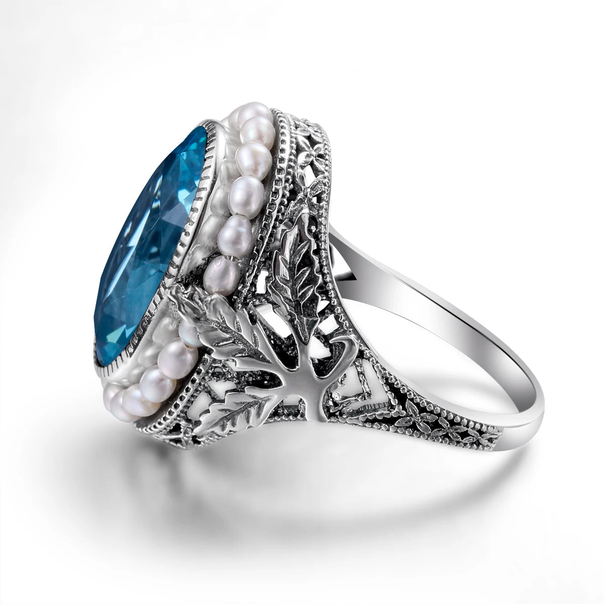 Real Pearl 925 Silver Rings Topaz Aquamarine Big Gemstone