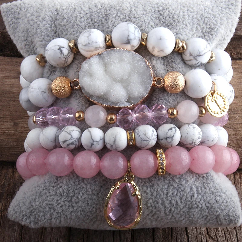 Boho Beaded Bracelet Set-Natural Stone & Druzy 5pc Bracelets