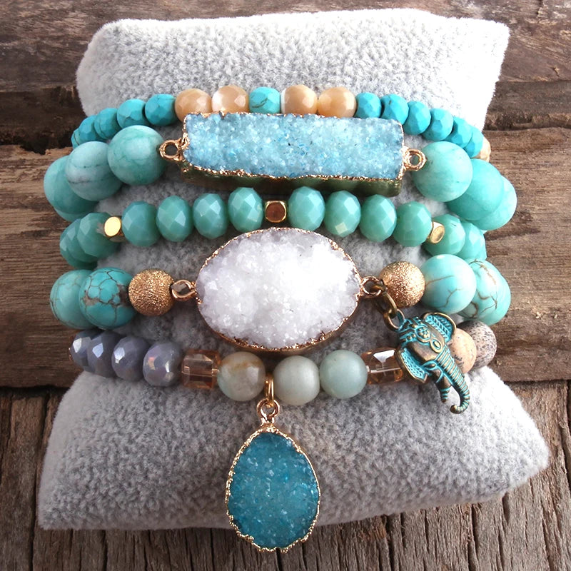 Boho Beaded Bracelet Set-Natural Stone & Druzy 5pc Bracelets