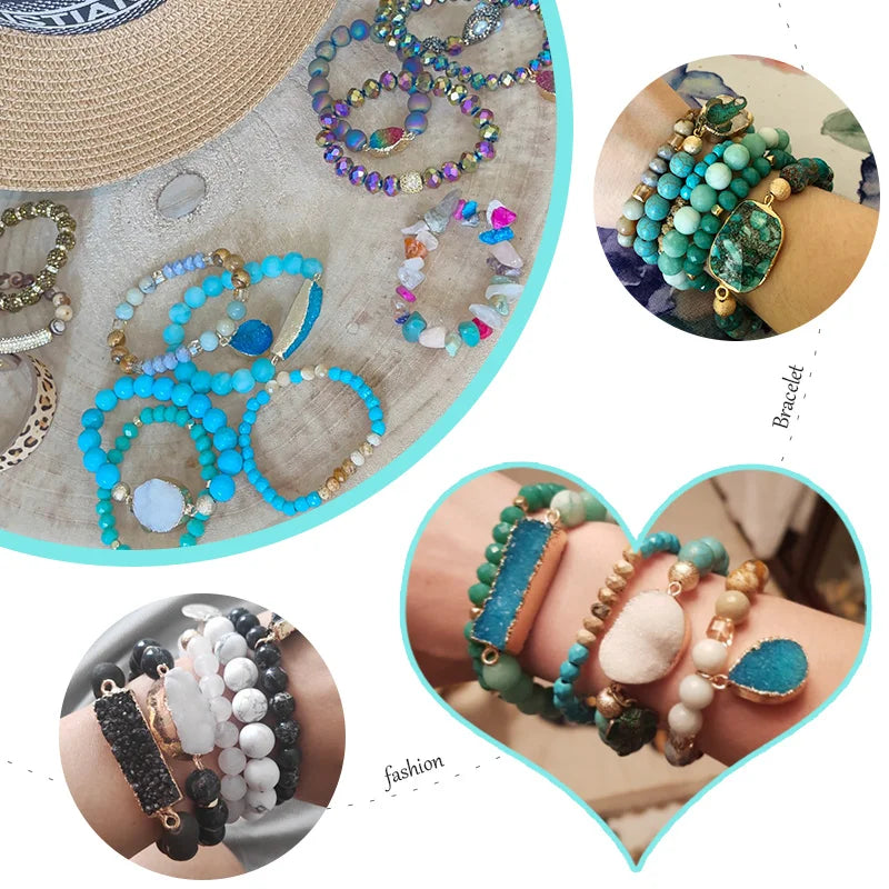 Boho Beaded Bracelet Set-Natural Stone & Druzy 5pc Bracelets
