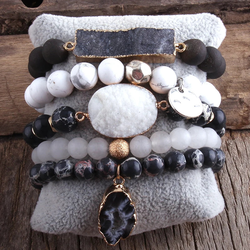 Boho Beaded Bracelet Set-Natural Stone & Druzy 5pc Bracelets