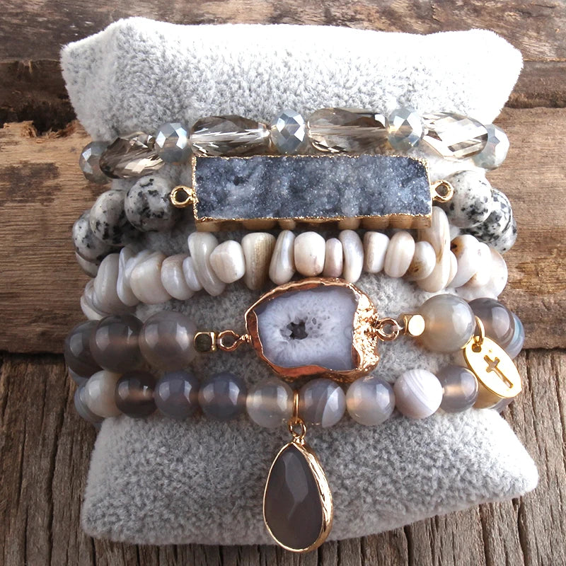 Boho Beaded Bracelet Set-Natural Stone & Druzy 5pc Bracelets