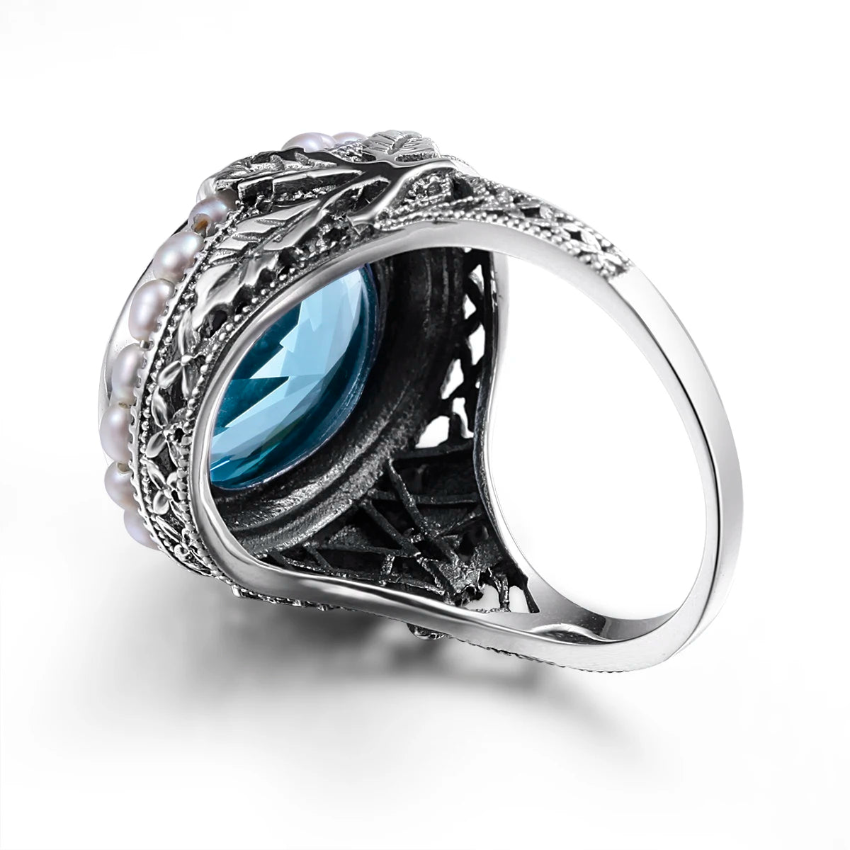 Real Pearl 925 Silver Rings Topaz Aquamarine Big Gemstone