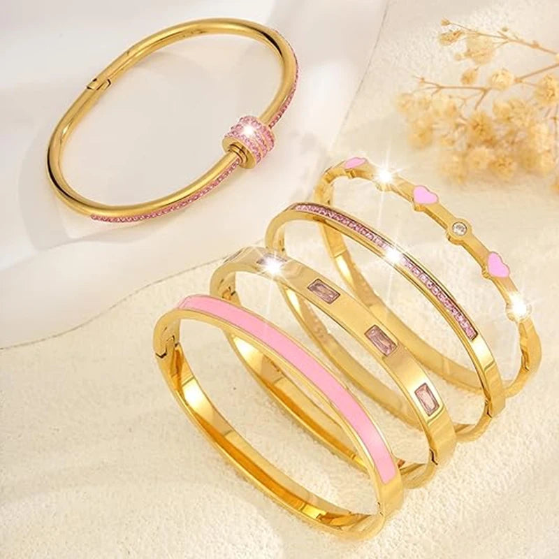 18K Stainless Steel Pink Crystal Love Heart Bracelet