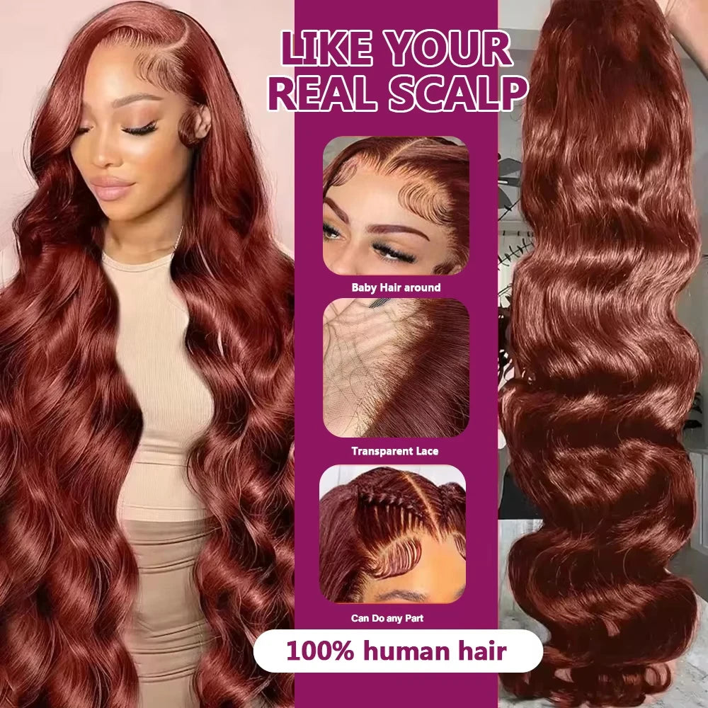 Reddish Brown Body Wave Wigs HD Lace Frontal Wigs Brazilian 100% Virgin Hair