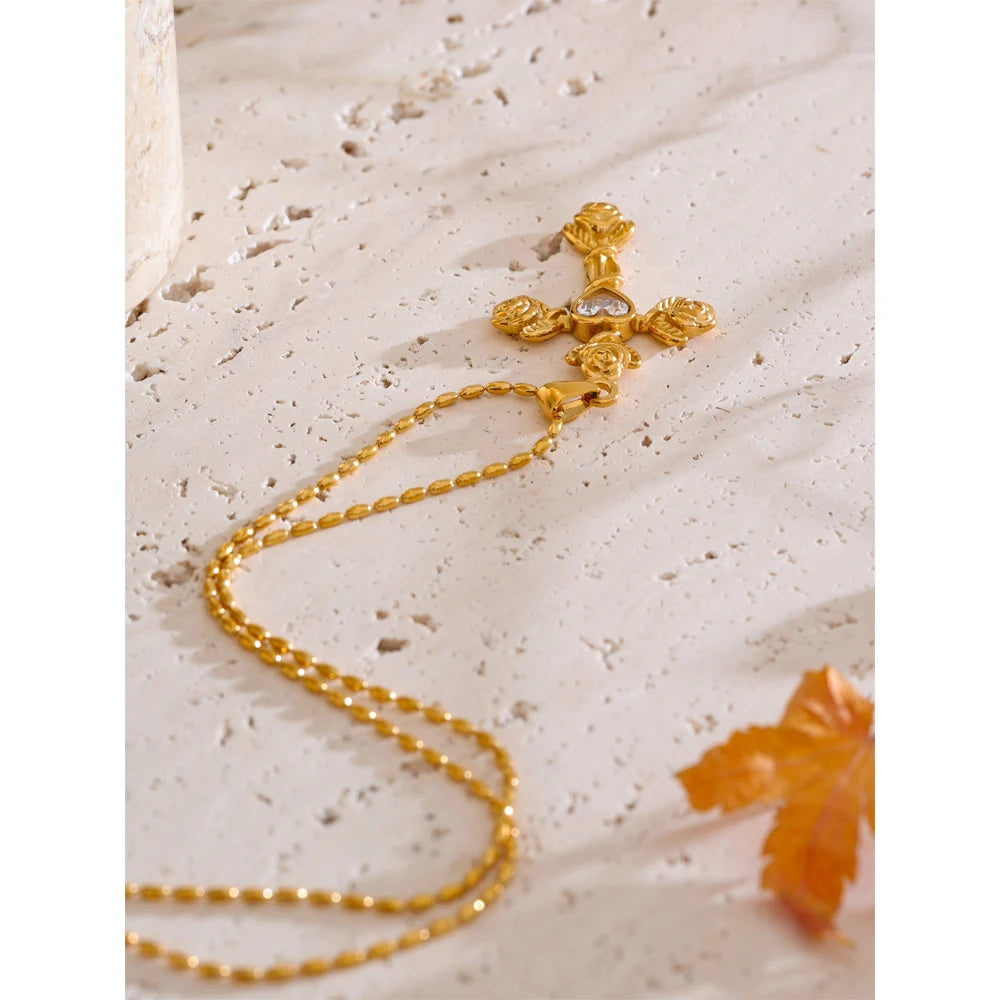 Fashion Zircon Rose Flower Cross Pendant Necklace 18K Aesthetic Golden Jewelry