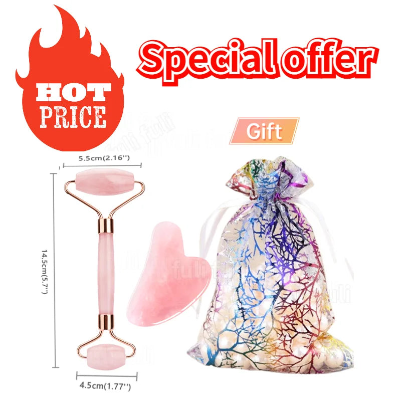 Roller Massage Spa Pink Face Natural Stone Tool Facial Lift Up