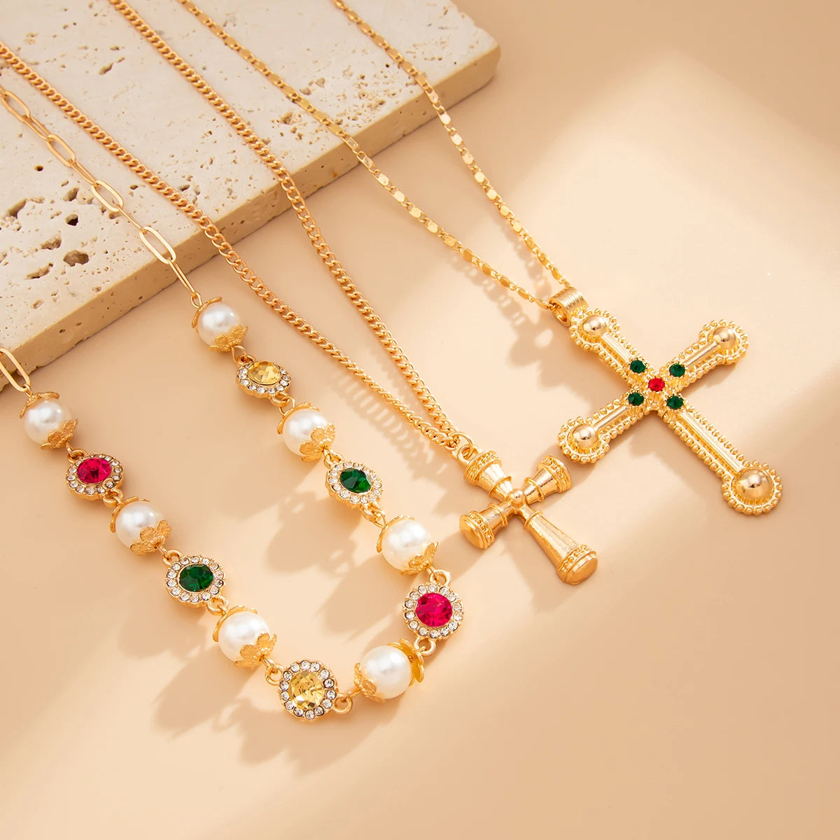 Colorful Rhinestone Jesus Cross Pendant Necklace