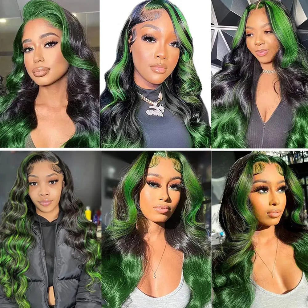 Green Body Wave Human Hair Lace Front Wigs Brazilian Colored Highlight Human Hair