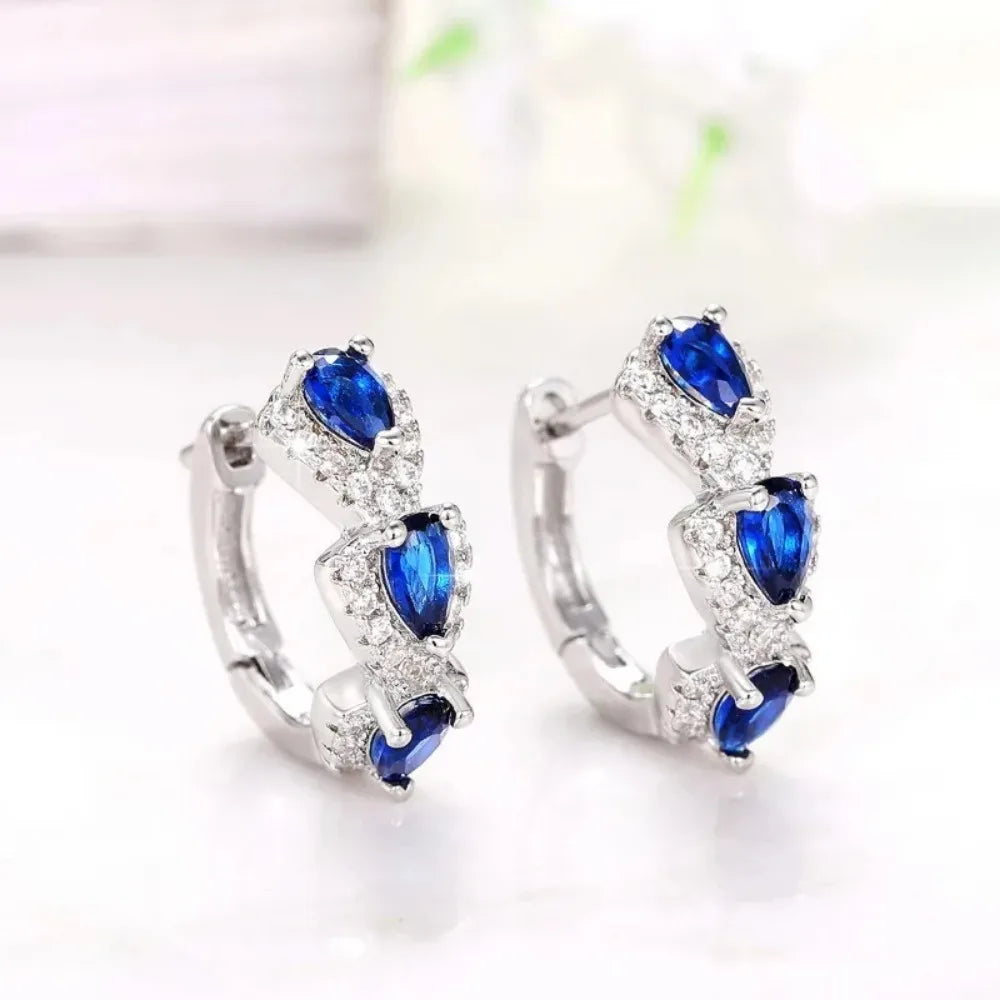 925 Sterling Silver Trendy Blue Cubic Zirconia Hoop Earrings