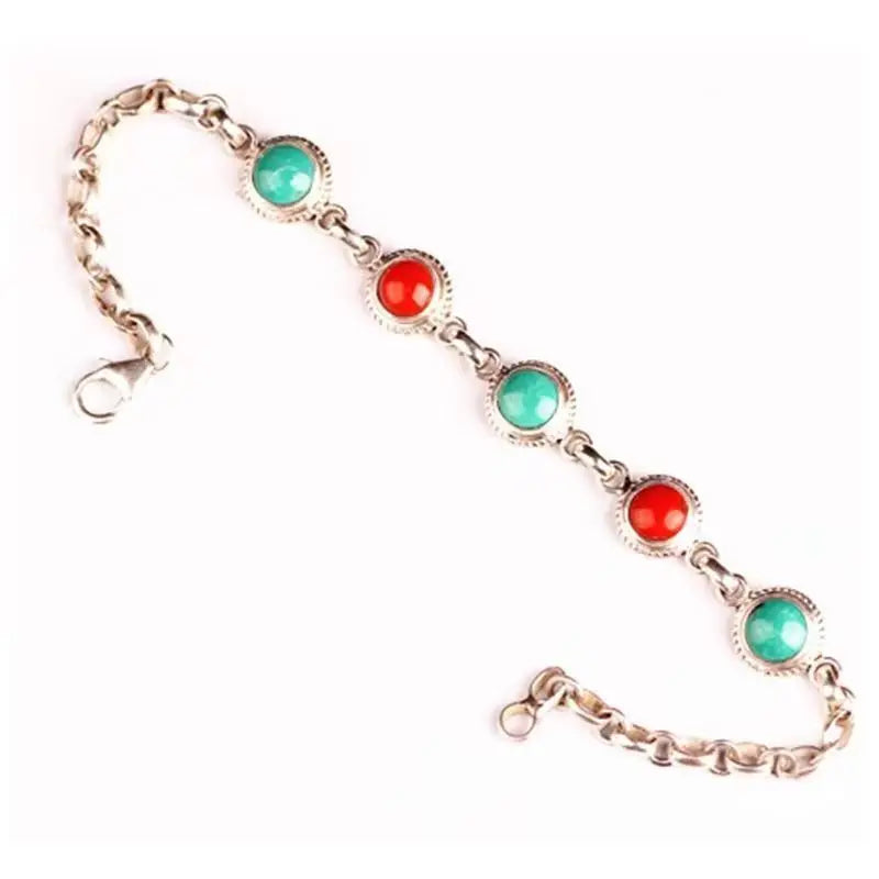 Retro ethnic style southern turquoise bangles silver 925 charm bracelet for women