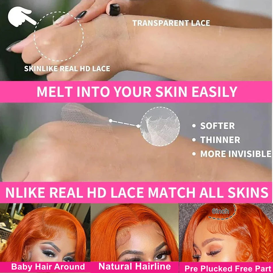 HD Orange Ginger Lace Front Wig 100% Human Brazilian Hair