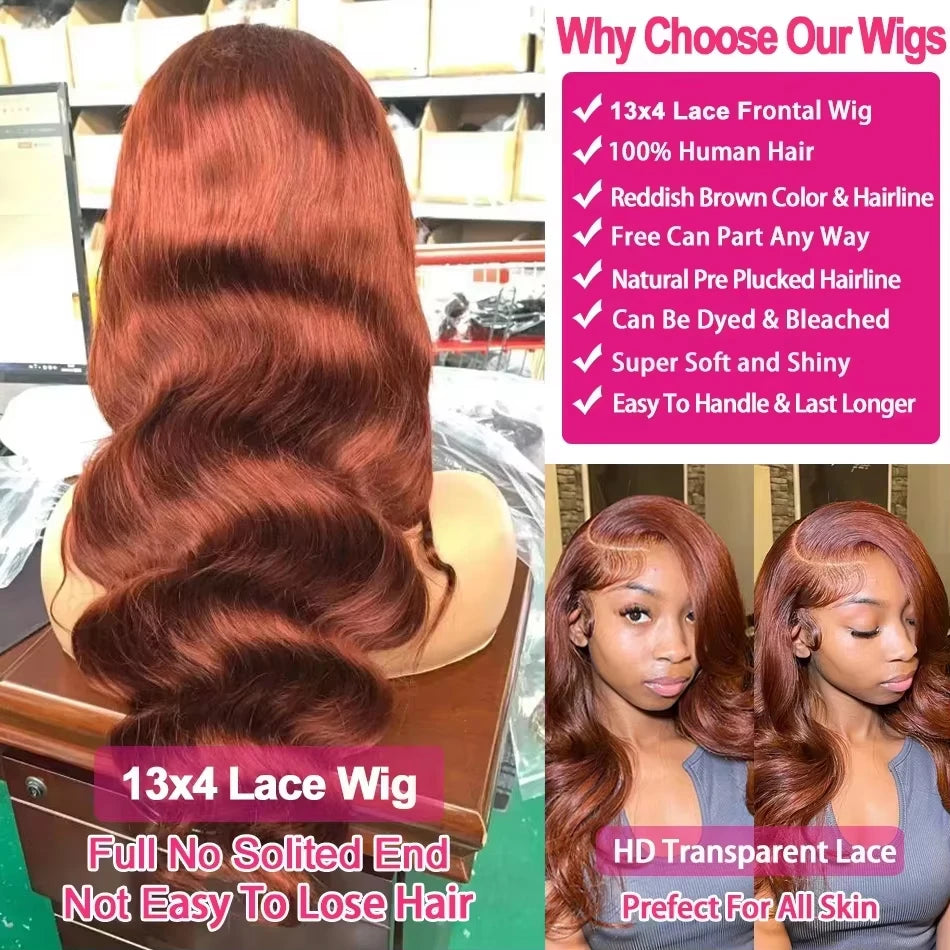 Reddish Brown Body Wave Wigs HD Lace Frontal Wigs Brazilian 100% Virgin Hair