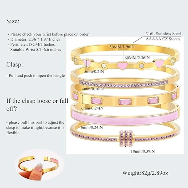 18K Stainless Steel Pink Crystal Love Heart Bracelet