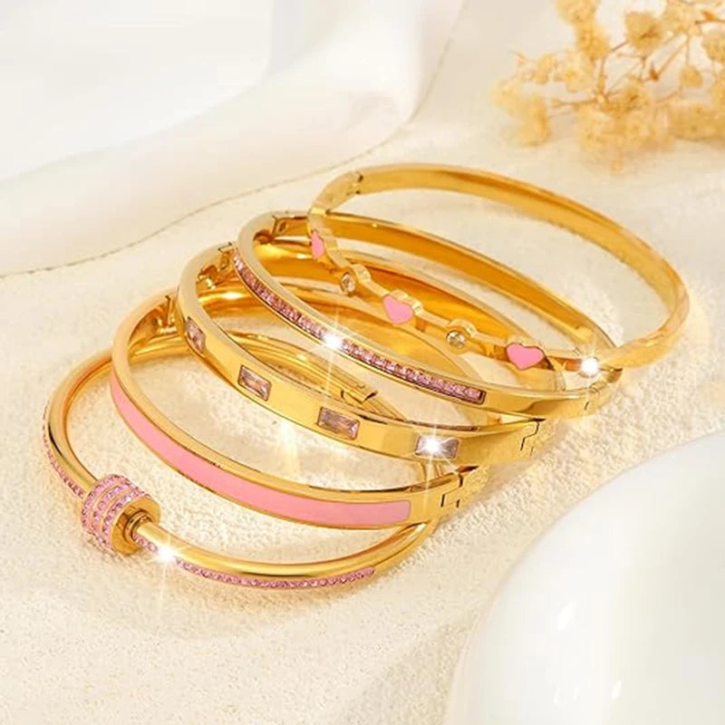 18K Stainless Steel Pink Crystal Love Heart Bracelet