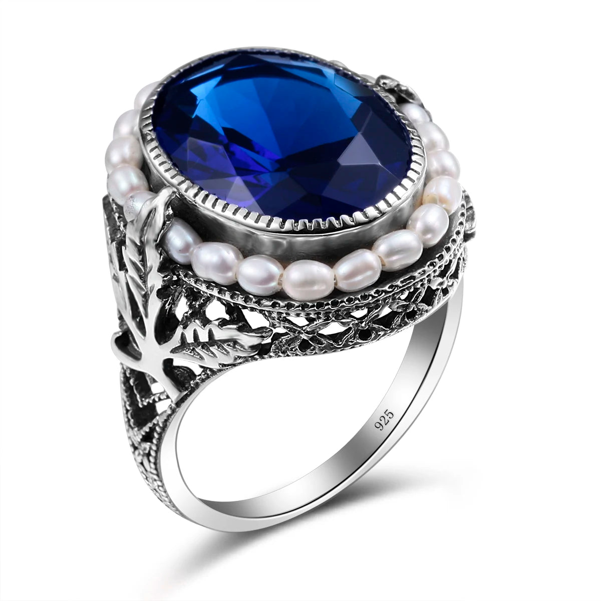 Real Pearl 925 Silver Rings Topaz Aquamarine Big Gemstone