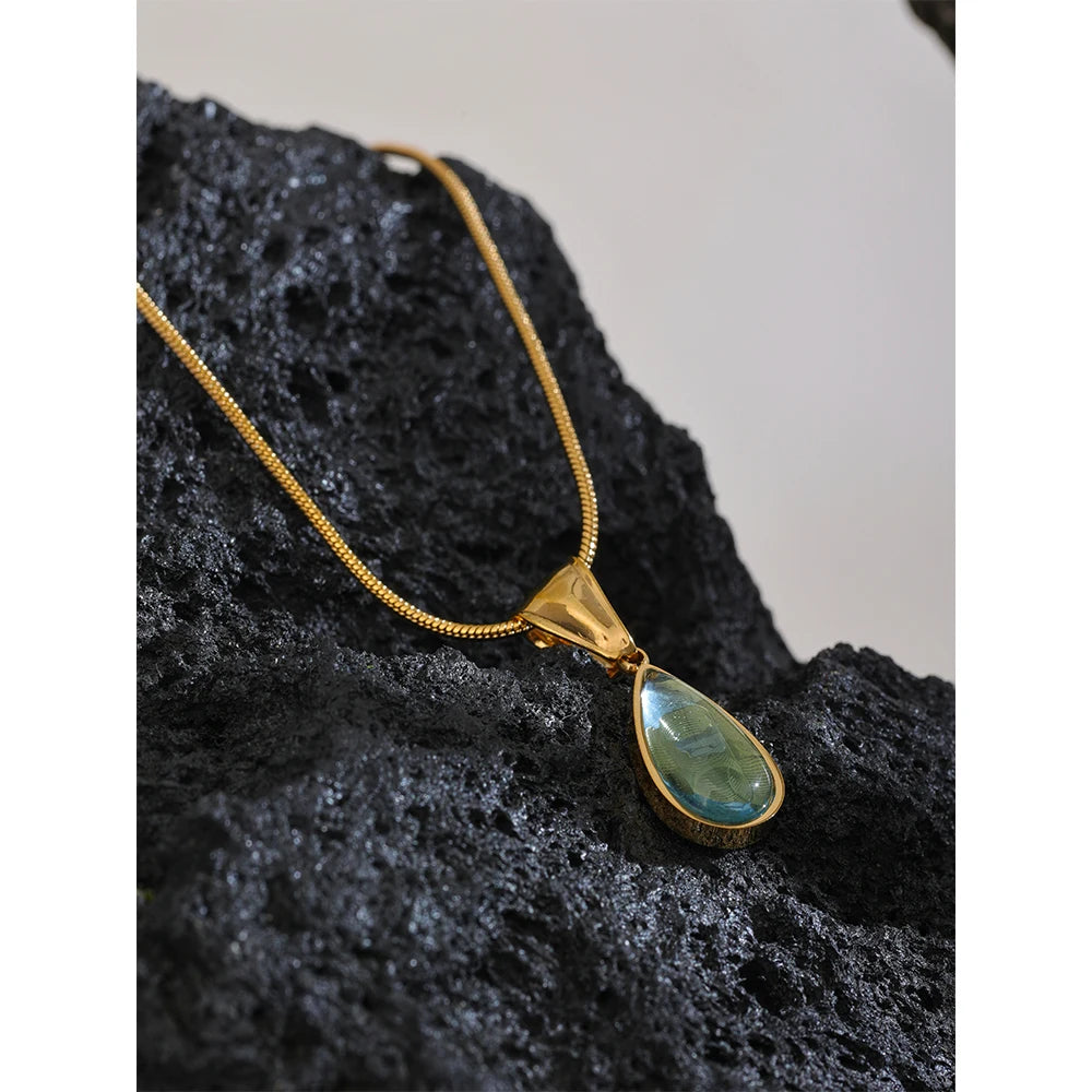Green Crystal Water Drop Pendant Necklace for Women 316l Stainless Steel