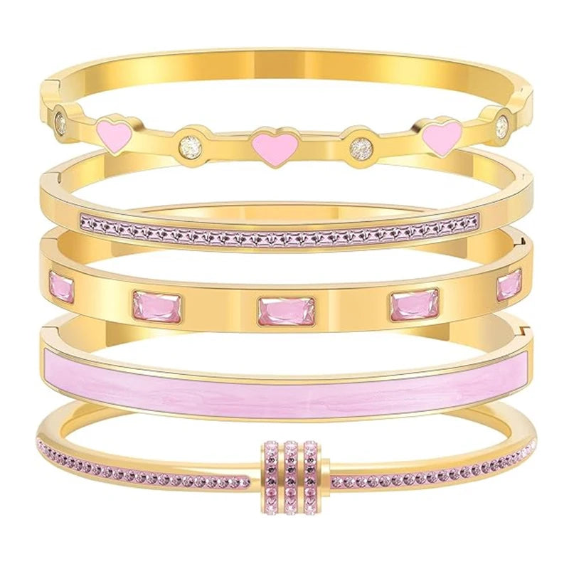 18K Stainless Steel Pink Crystal Love Heart Bracelet