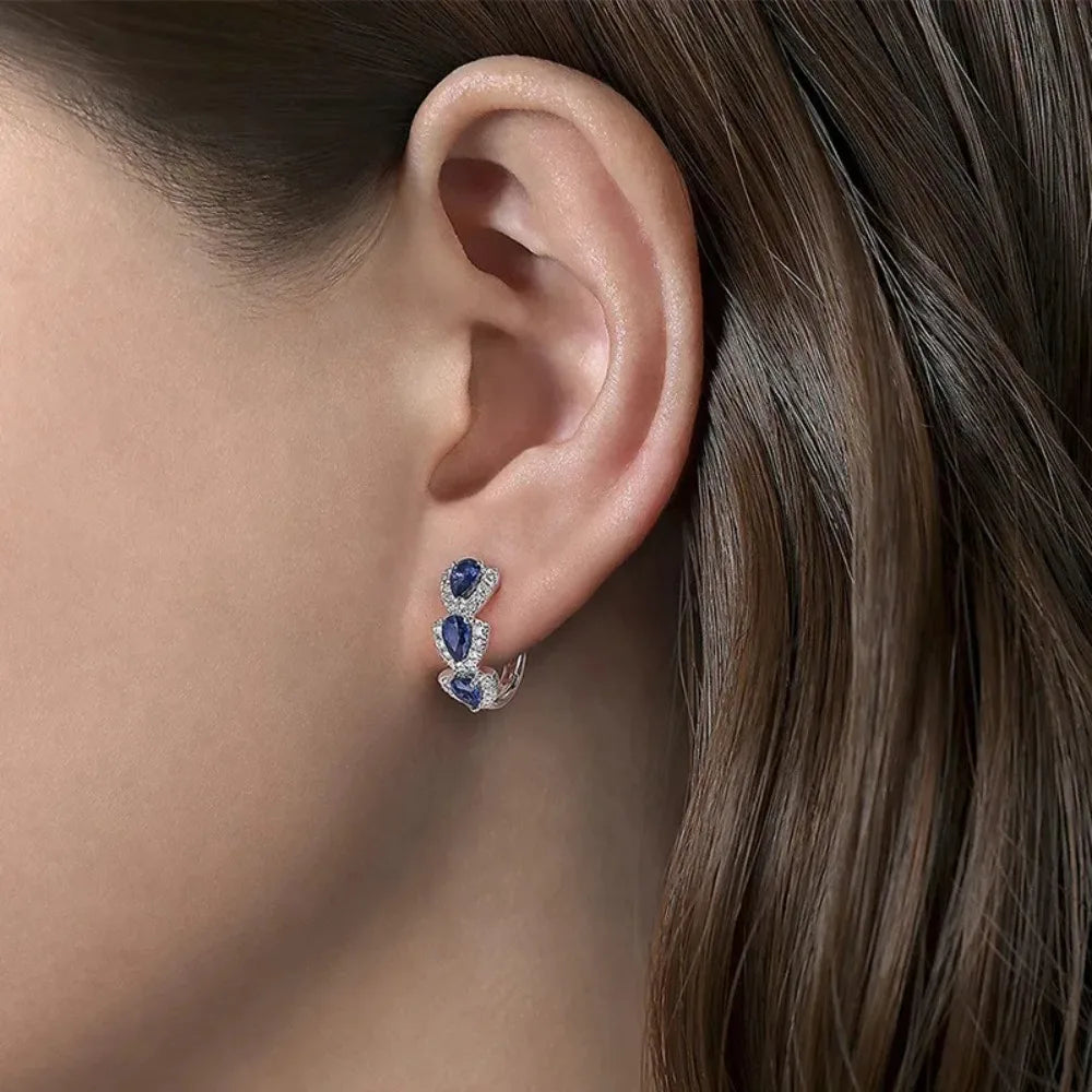 925 Sterling Silver Trendy Blue Cubic Zirconia Hoop Earrings