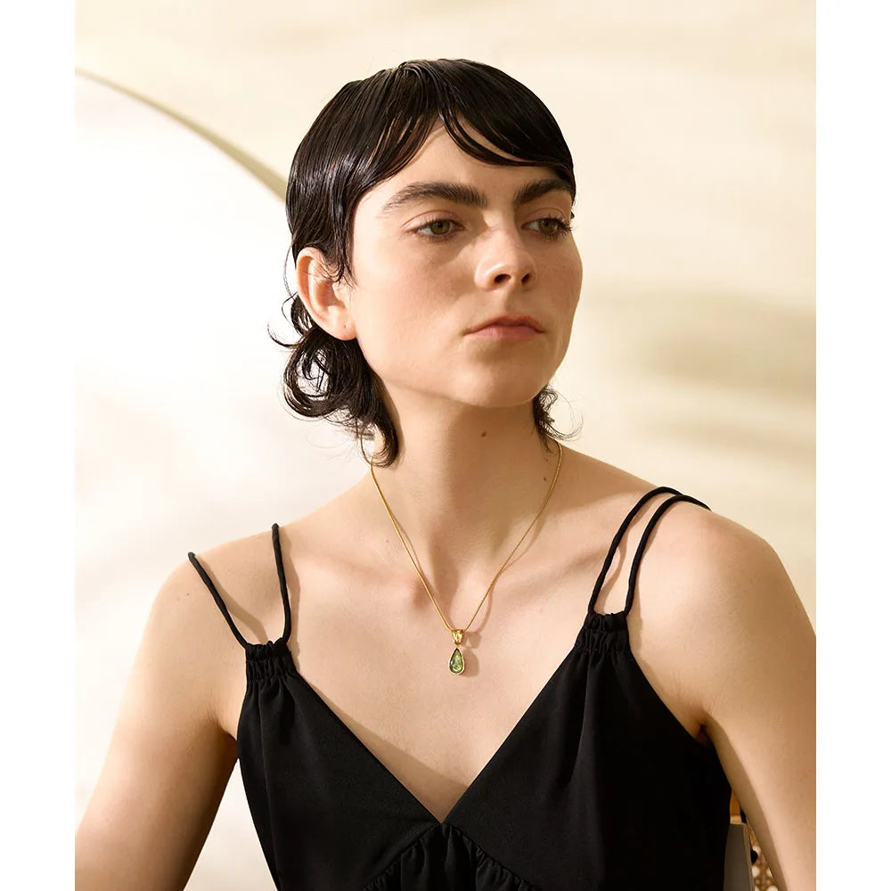 Green Crystal Water Drop Pendant Necklace for Women 316l Stainless Steel