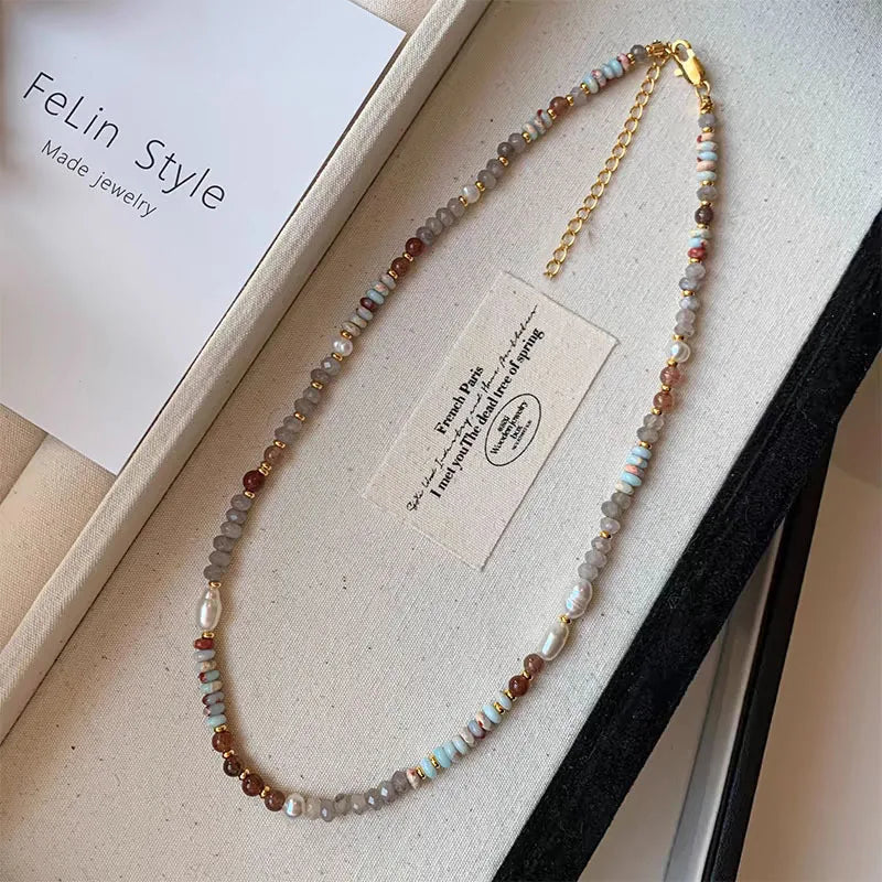 Pure Handmade Natural Stone Chain Pearl Pendant Necklace