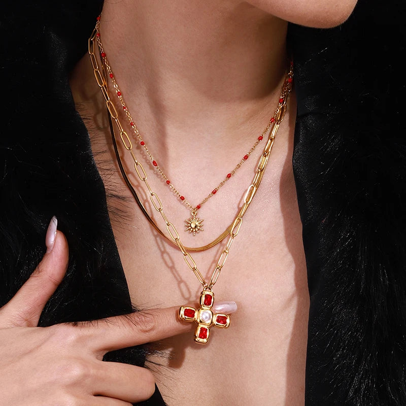 Zirconia Cross Pendant Stainless Steel Luxury Necklace