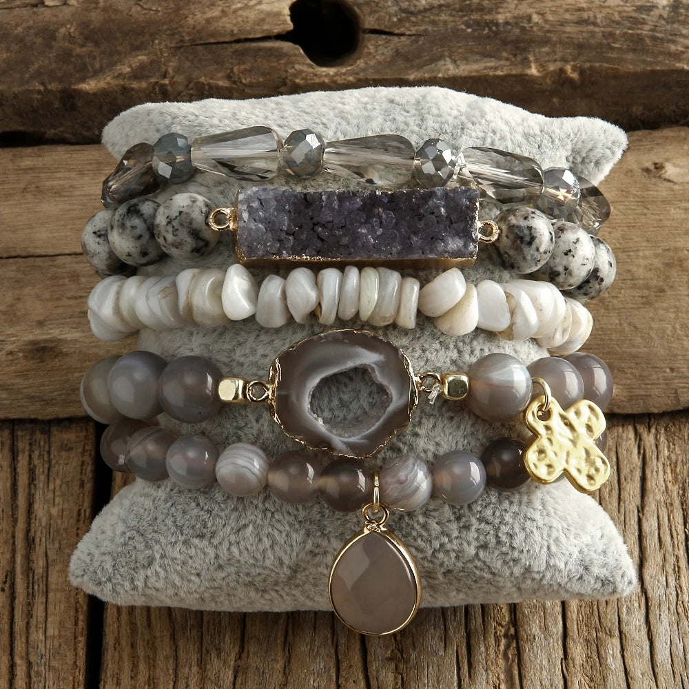 Boho Beaded Bracelet Set-Natural Stone & Druzy 5pc Bracelets