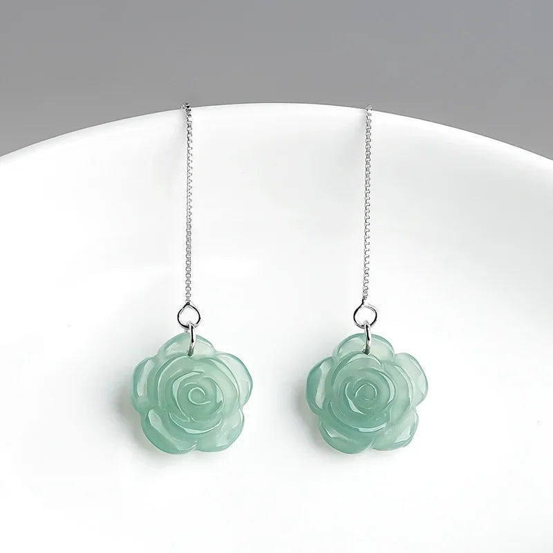 Jadeite Rose Jewelry Set Ring Earrings Pendant Necklace 925 Silver