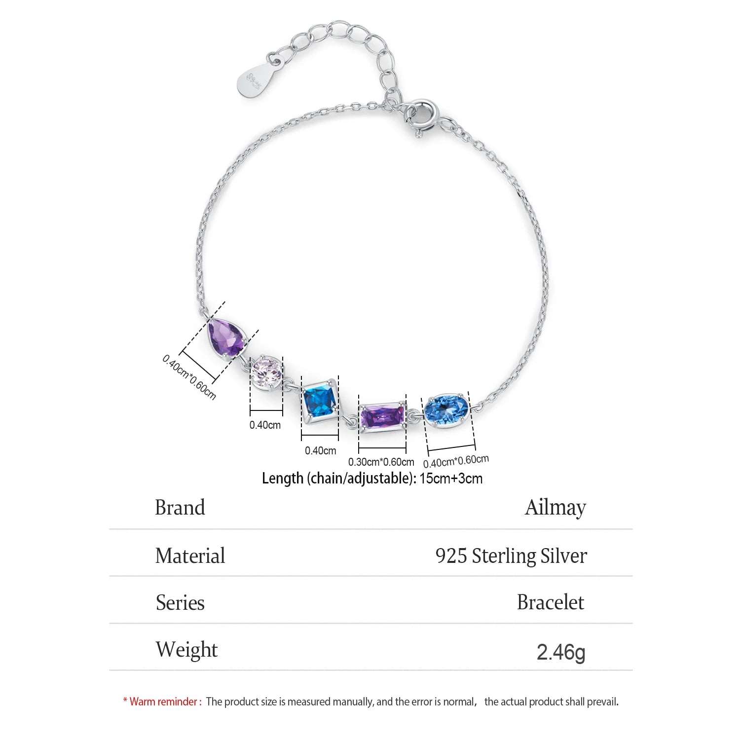 Blue Purple Zircon Geometric Design Chain Bracelet For Women
