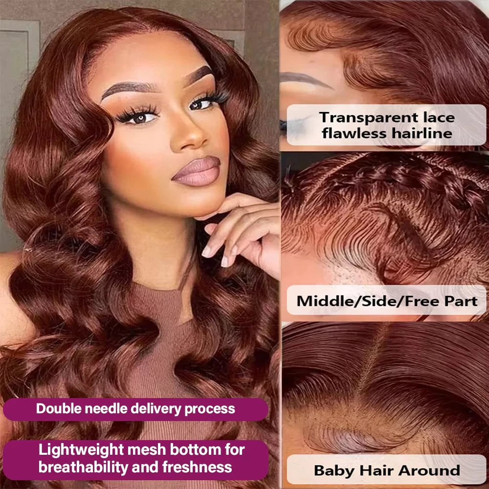 Reddish Brown Body Wave Wigs HD Lace Frontal Wigs Brazilian 100% Virgin Hair