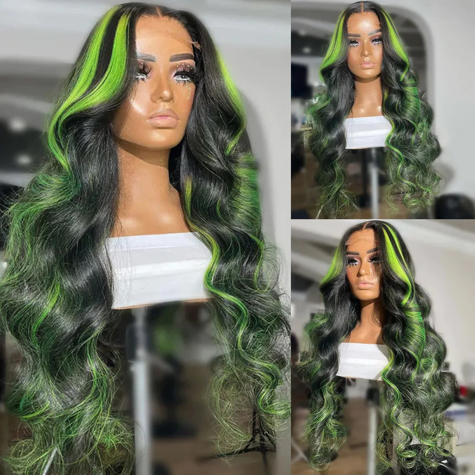 Green Body Wave Human Hair Lace Front Wigs Brazilian Colored Highlight Human Hair
