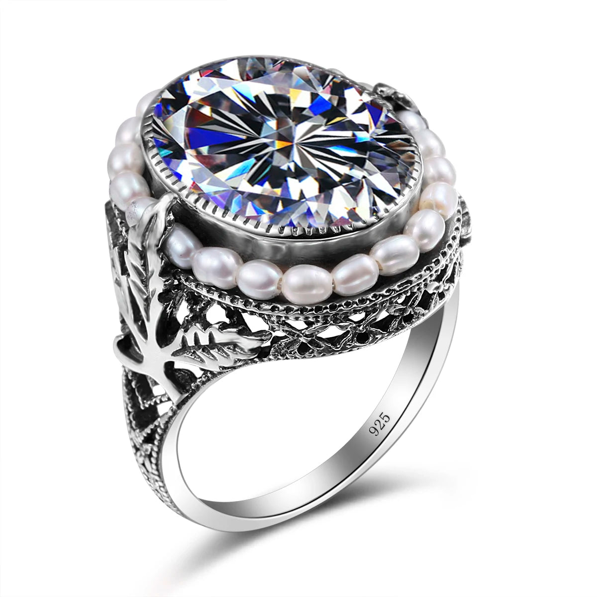 Real Pearl 925 Silver Rings Topaz Aquamarine Big Gemstone