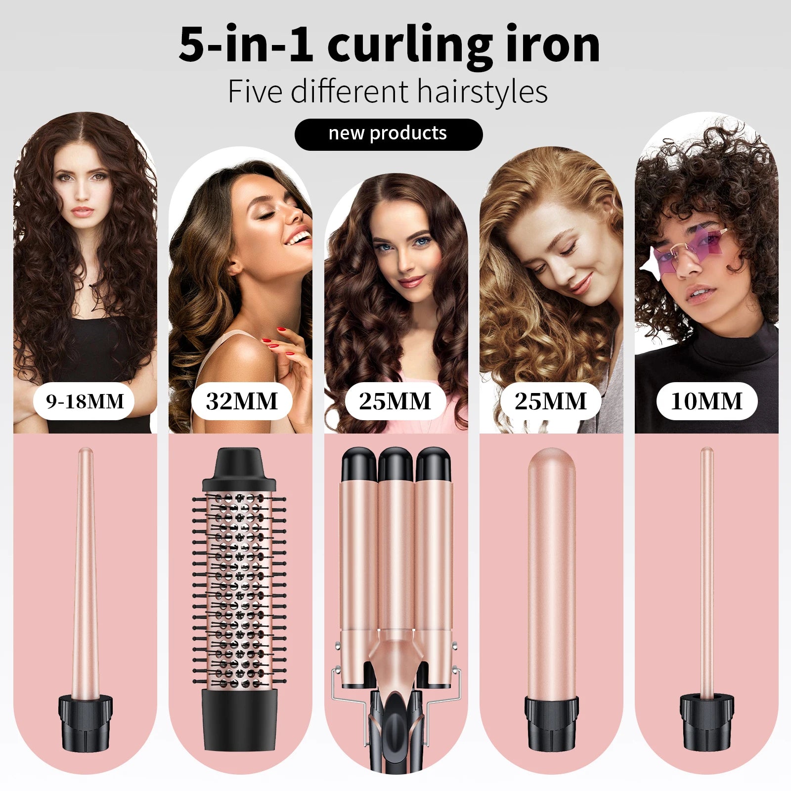 5 in 1 Hair Curlers Set with Curling Brush for Hairstyle