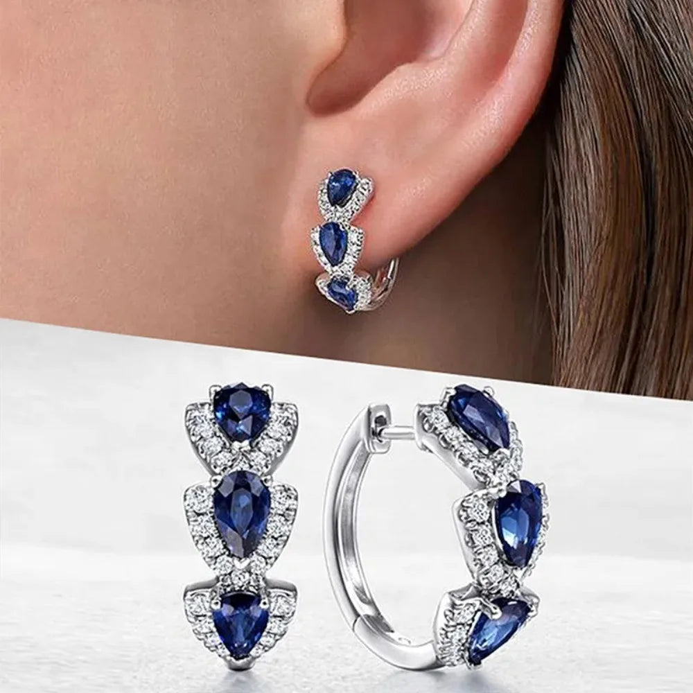 925 Sterling Silver Trendy Blue Cubic Zirconia Hoop Earrings