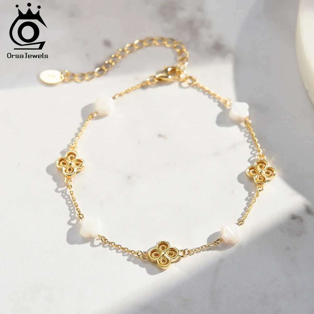 925 Sterling Silver Four-Leaf Clover Shell Bracelet