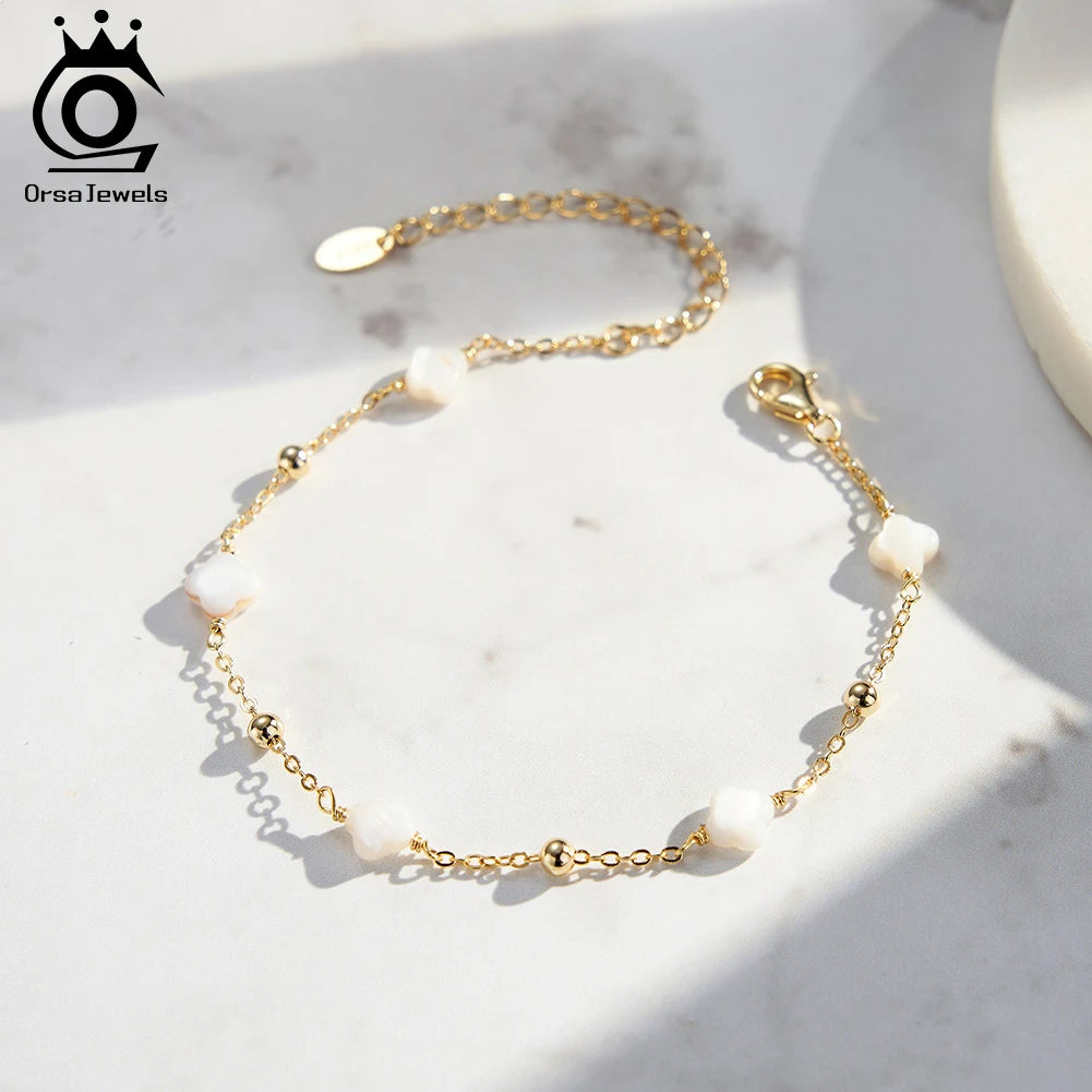 925 Sterling Silver Four-Leaf Clover Shell Bracelet