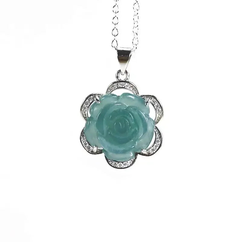 Jadeite Rose Jewelry Set Ring Earrings Pendant Necklace 925 Silver