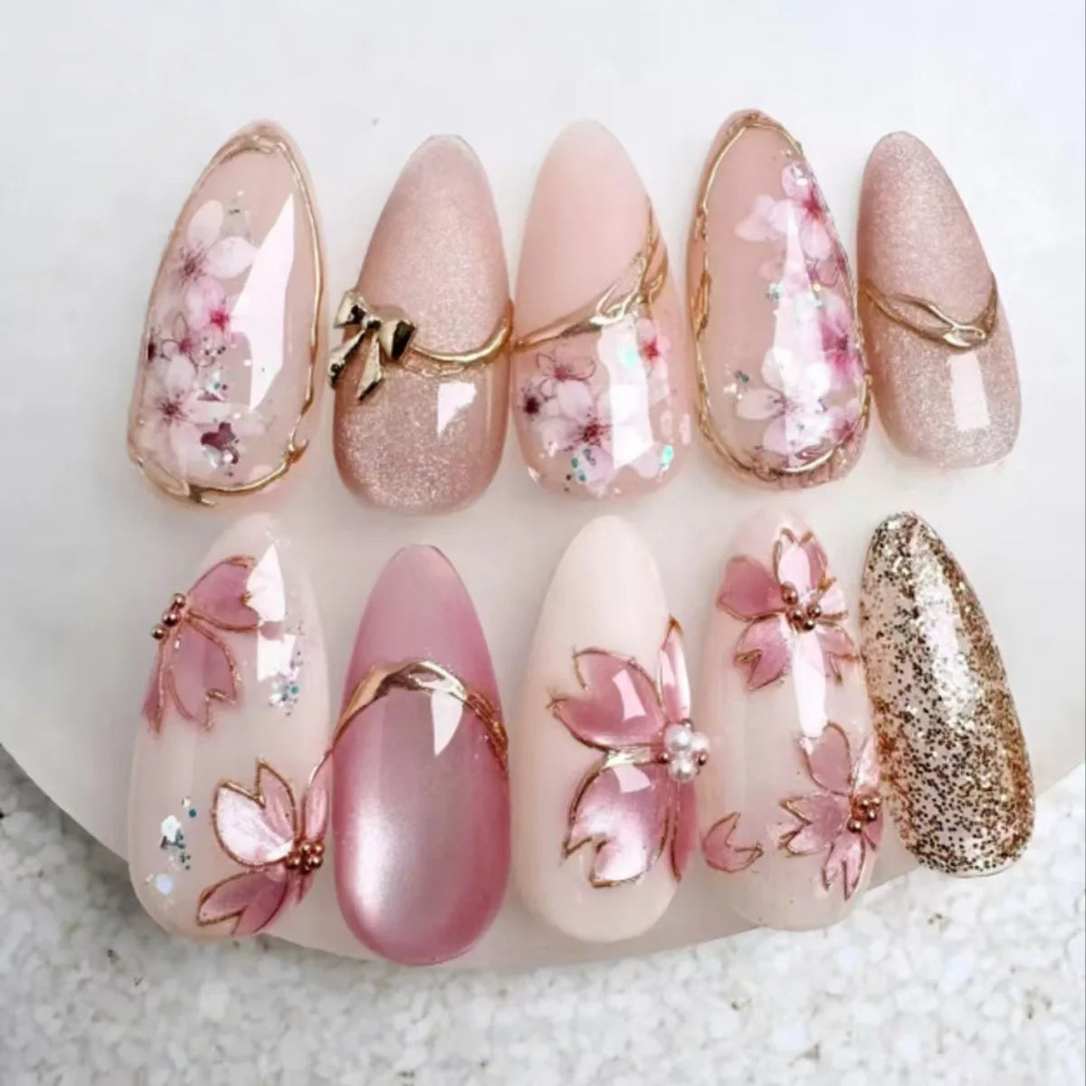 3D Ripple Design False Nails / Almond Tips nails - 24pcs