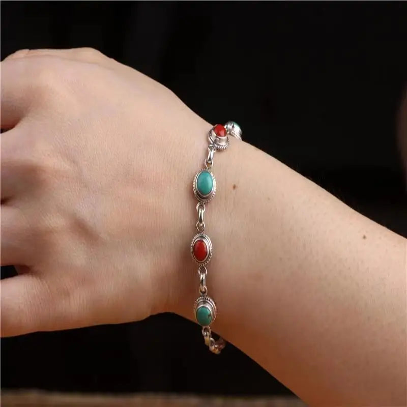 Retro ethnic style southern turquoise bangles silver 925 charm bracelet for women