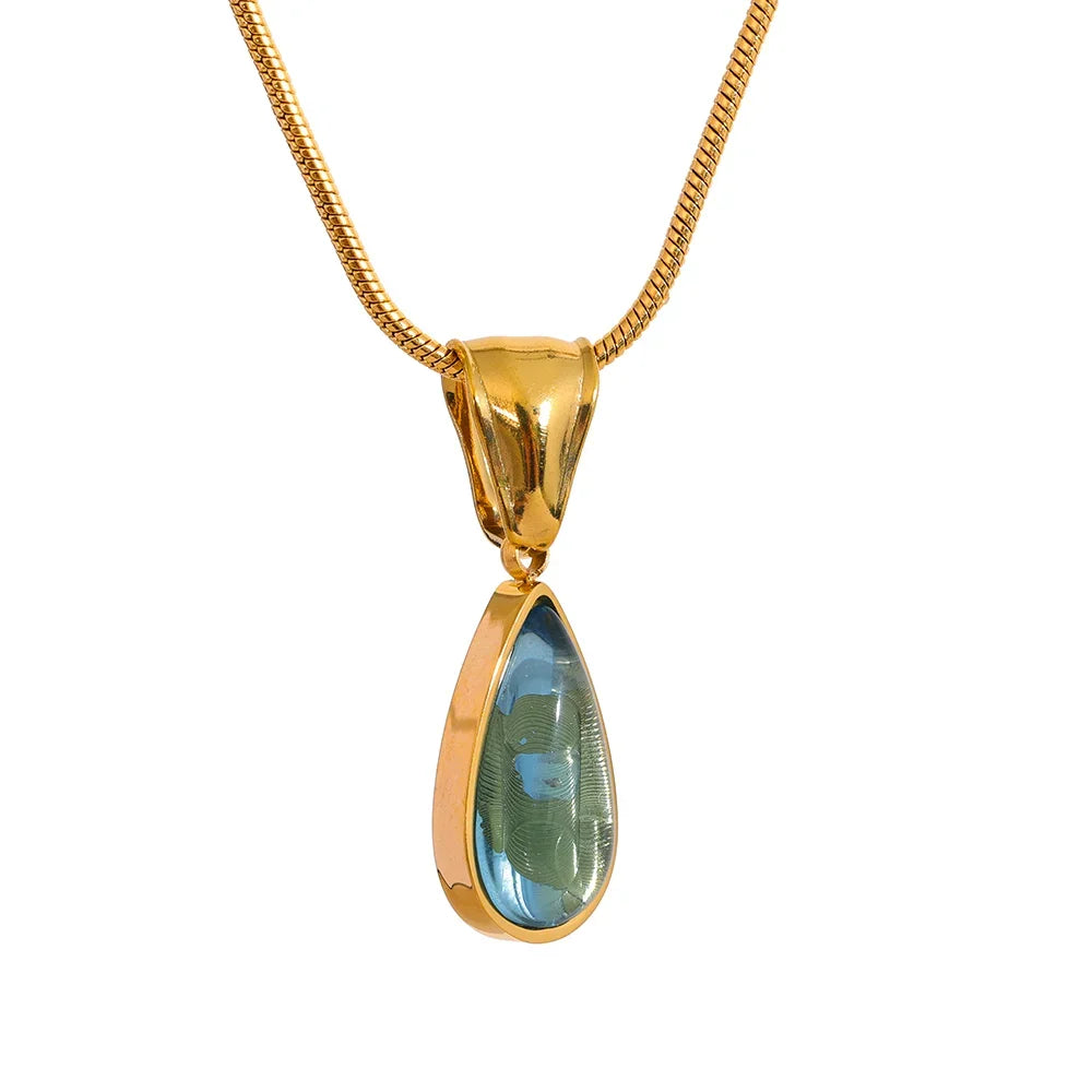 Green Crystal Water Drop Pendant Necklace for Women 316l Stainless Steel