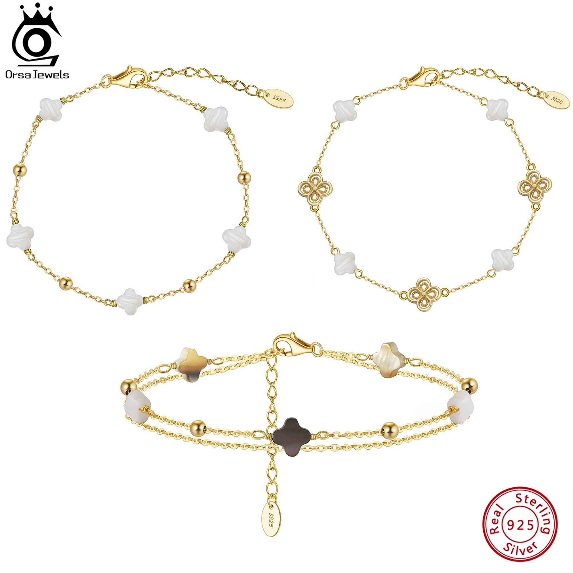 925 Sterling Silver Four-Leaf Clover Shell Bracelet