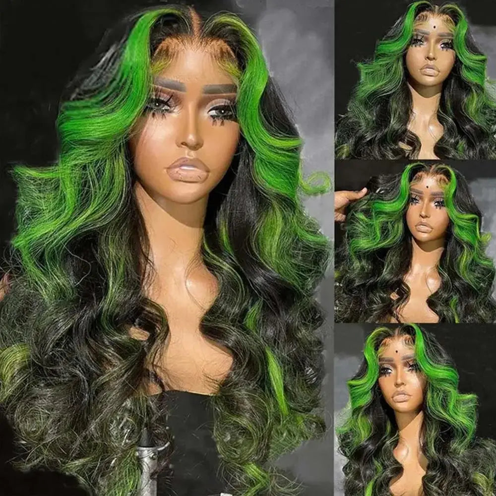 Green Body Wave Human Hair Lace Front Wigs Brazilian Colored Highlight Human Hair
