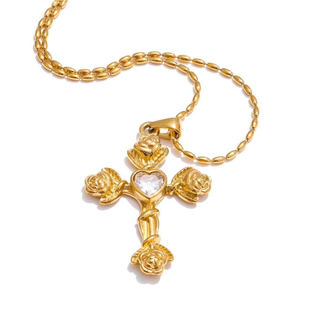 Fashion Zircon Rose Flower Cross Pendant Necklace 18K Aesthetic Golden Jewelry