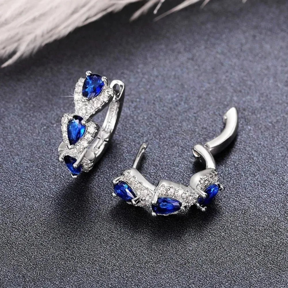 925 Sterling Silver Trendy Blue Cubic Zirconia Hoop Earrings