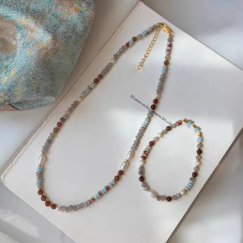 Pure Handmade Natural Stone Chain Pearl Pendant Necklace