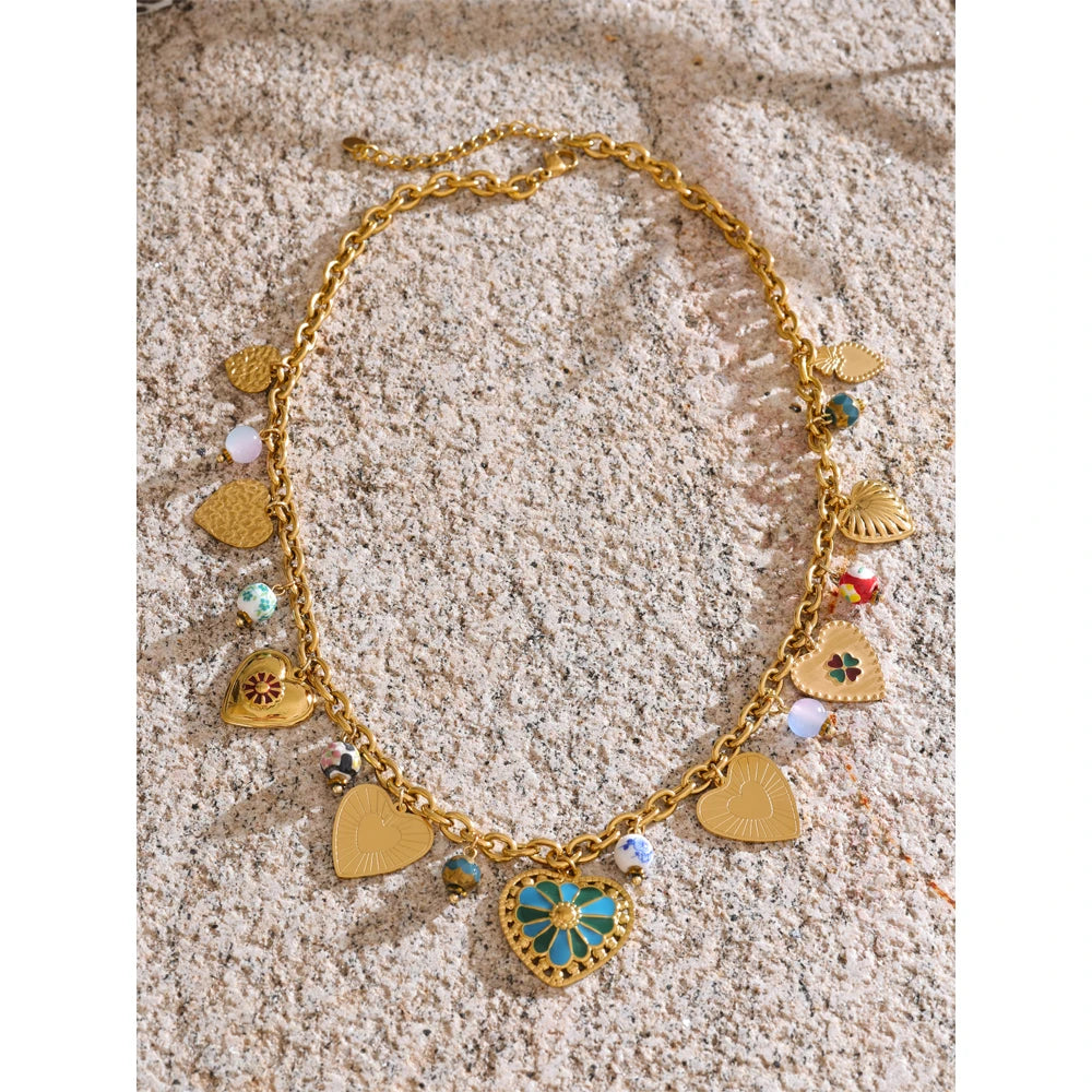 Stainless Steel Charms Beads Heart Love Drop Necklace