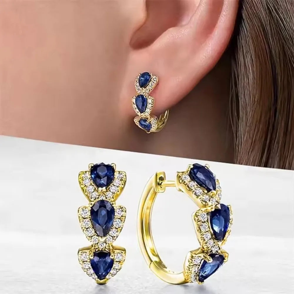 925 Sterling Silver Trendy Blue Cubic Zirconia Hoop Earrings
