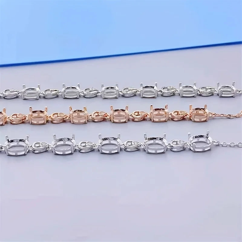 Stones Oval Solid 925 Sterling Silver Rose Bracelet