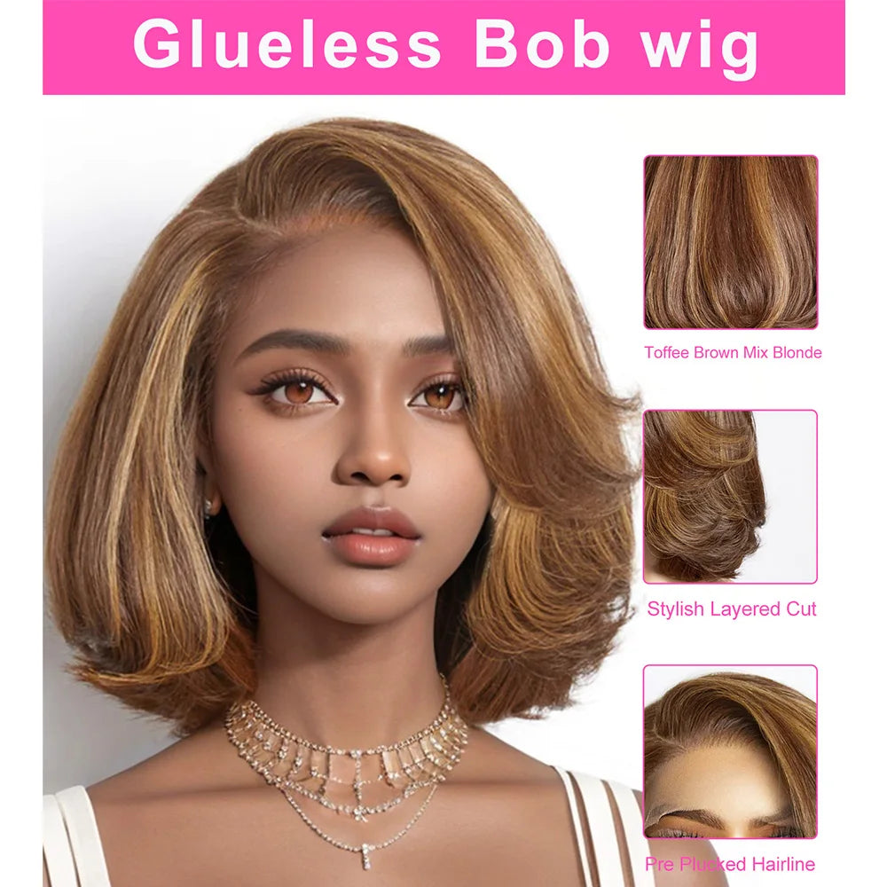 Toffee Brown Mix Blonde Bob Wig Glueless HD Human Hair